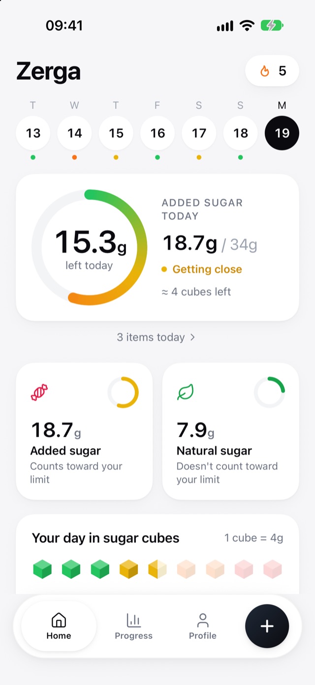 Zerga home screen: 15.3 g of added sugar left today, added and natural sugar cards and sugar cubes